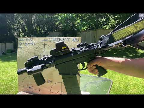 38-41J 285-305FPS VALKENM17 WATCH THE INSANE STOPPING POWER! 8” vs 14”0.683 Lapco barrel LESS LETHAL