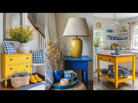 Decoración rústica de granja en azul y amarillo | Ideas DIY reutilizadas para un hogar vintage ac...