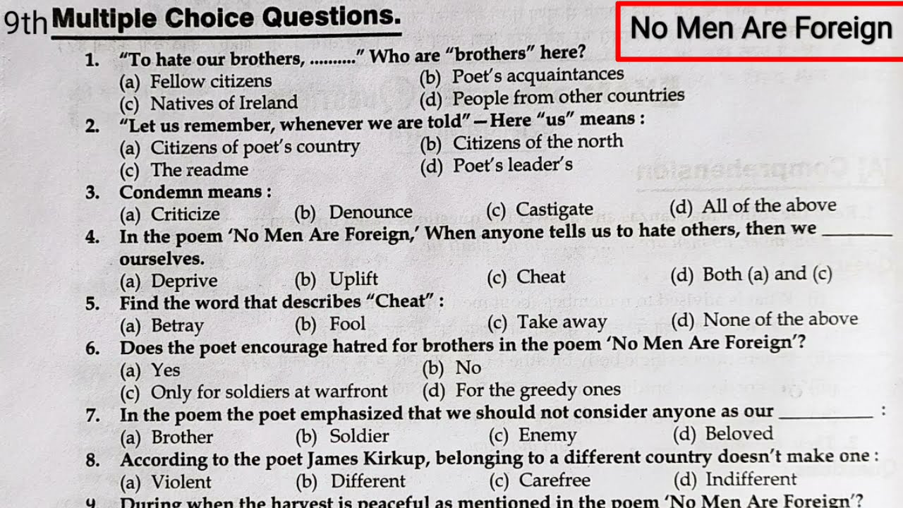 No Men Are Foreign Mcq | Class 9 No Men Are Foreign Mcq | No Men Are Foreign Mcq Class 9 | English