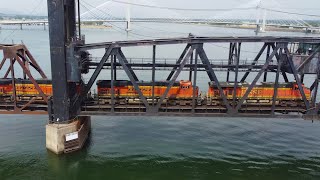 BNSF Freight Train Crosses The Columbia River in Washington (4K)