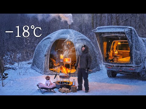-18℃ Camping in Snow Field with My Dog . Inflatable Hot Tent . Wood Stove ASMR