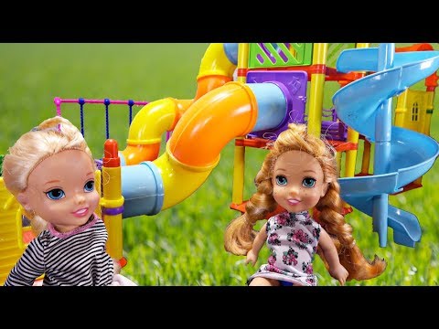 Elsa and Anna toddlers at the soft play area with Barbie, Chelsea & friends