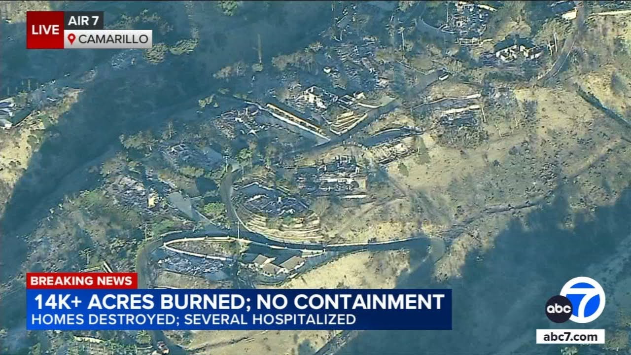 Aerial view shows Camarillo Heights homes destroyed by Mountain Fire