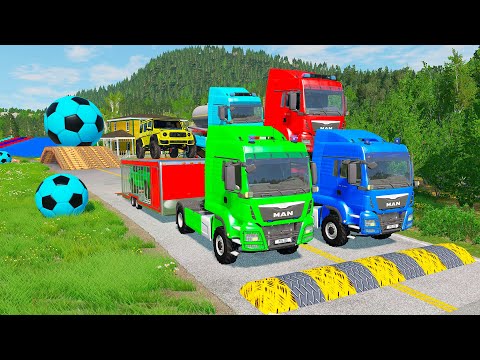 Double Flatbed Trailer Truck vs Speedbumps Train vs Cars | Tractor vs Train Beamng.Drive 0121