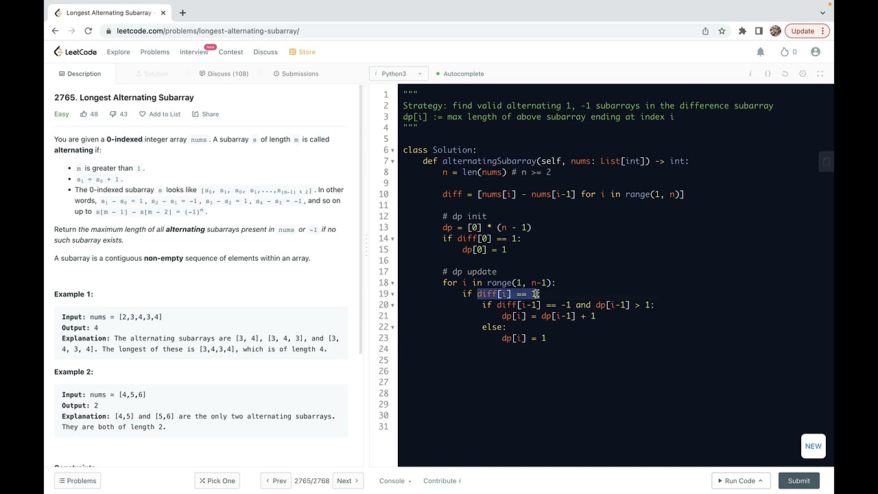 leetcode 2765. Longest Alternating Subarray - Dynamic Programming