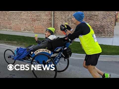 Couple teams up for their fifth marathon together: Him on foot, her on duo bike