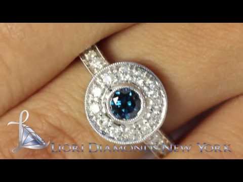 FD-171 - 1.07 Carat Fancy Blue Diamond Engagement Ring 18k White Gold Pave Halo