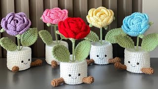 Crochet Rose Pot 🌹Cute Crochet Potted Plants:  Flower Amigurumi 🧶 | Cool Crochet 
