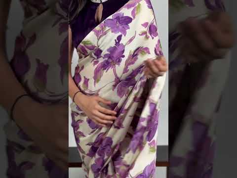 Purple Floral Printed Satin Silk Saree with Fully Stitched Adjustable Natural Silk Blouse & Lace Detailing – Party & Festive Wear