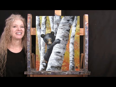 How to Draw and Paint "BEAR CUB AND BIRCH TREES" - Paint & Sip at Home - Easy Pallette Knife Acrylic
