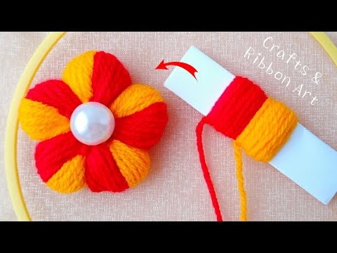 Super Easy Woolen Flower Making Trick Using Paper - Hand Embroidery Amazing Flower - Sewing Hack