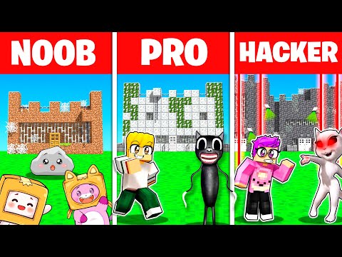 Minecraft NOOB vs PRO vs HACKER *PRISON* BUILDING CHALLENGE! (LANKYBOX, CARTOON CAT, LADYBUG & MORE)