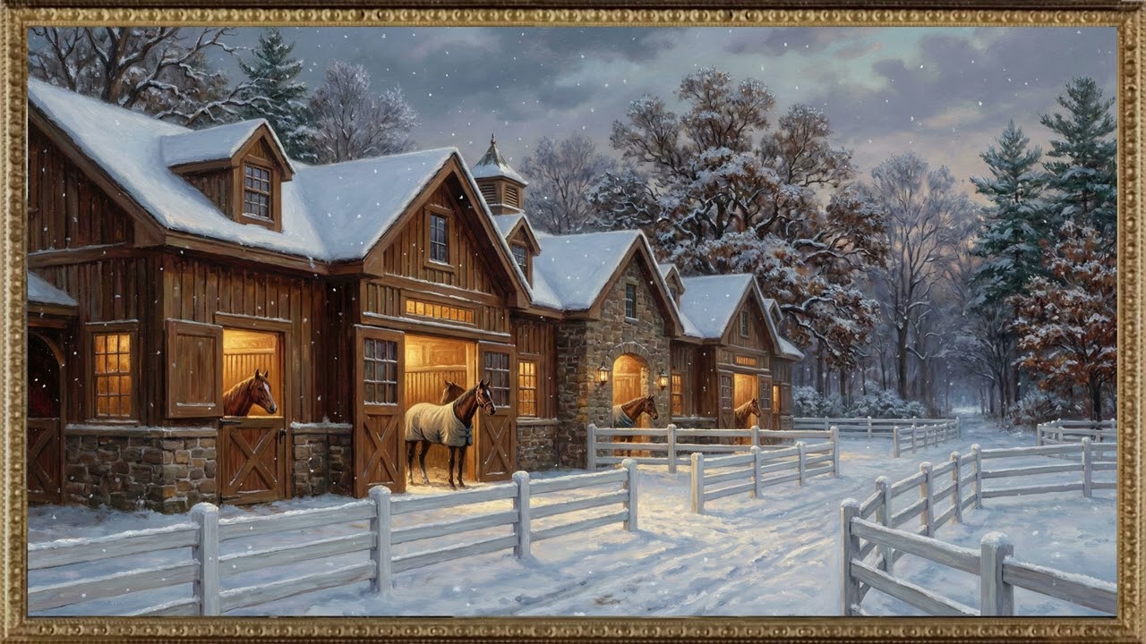 Winter Horse Stables Snowing Gold Frame TV Art Screensaver | 2 Hours 4K — 4K ambient art screensaver in baroque gold frame