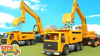 Download lagu Construction vehicles rebuild new bridge -Excavator,Bulldozer, crane truck and loader for kids mp3