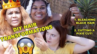 BLEACHING BLACK HAIR TWICE IN ONE DAY || CUTTING LONG HAIR SHORT
