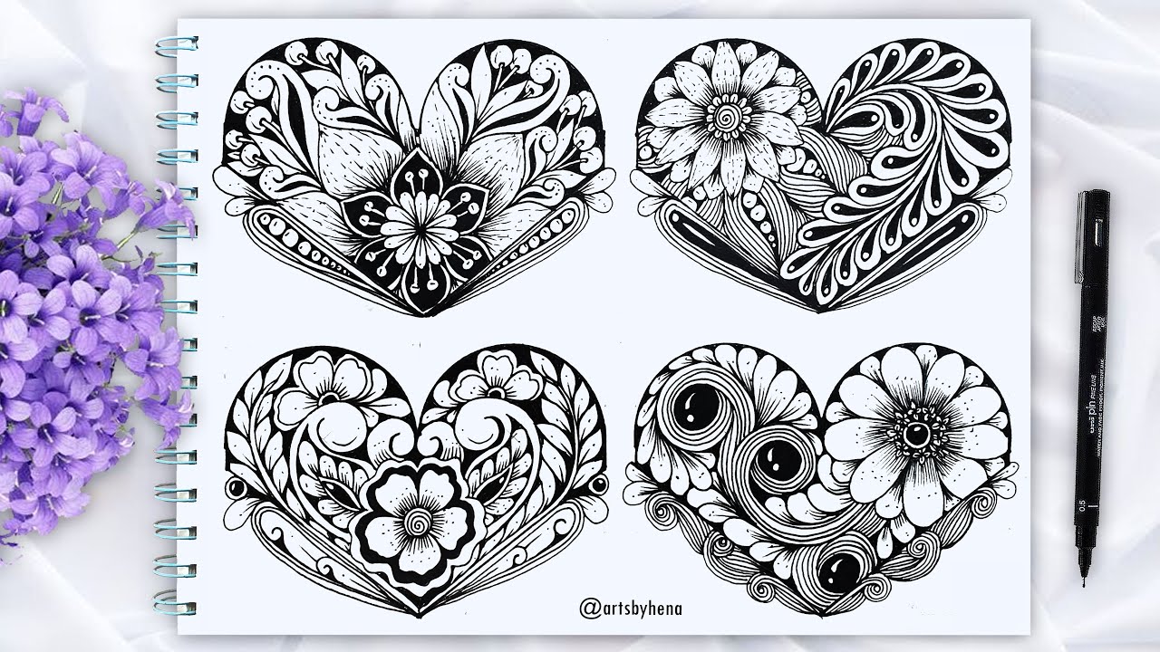 4 Zentangle Hearts ideas | How To Draw zentangle Heart | Zentangle Art