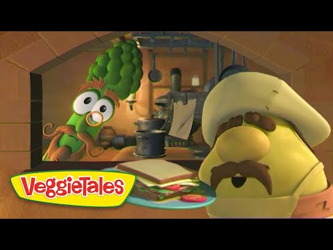 Larry the Cucumber and a bearded yellow VeggieTales character peek into a kitchen, a sandwich on a plate in front; VeggieTales logo nearby.