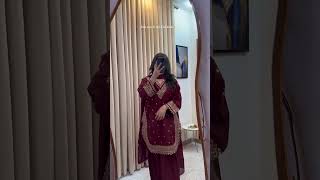 Maroon Embroidered Raw Silk Farshi Shalwar Suit - Video 1