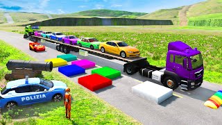 Flatbed Truck McQueen | Transportation with Truck - Pothole vs Car #112 | BeamNG.Drive Gameplay