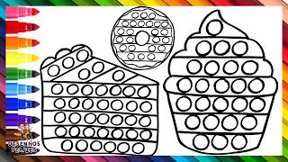 Desenhar e Colorir 3 Sobremesas POP IT: Um Bolo, Um Cupcake e Um Donut 🍰🧁🍩🔴🟠🟡🟢🔵🟣🌈 Desenhos