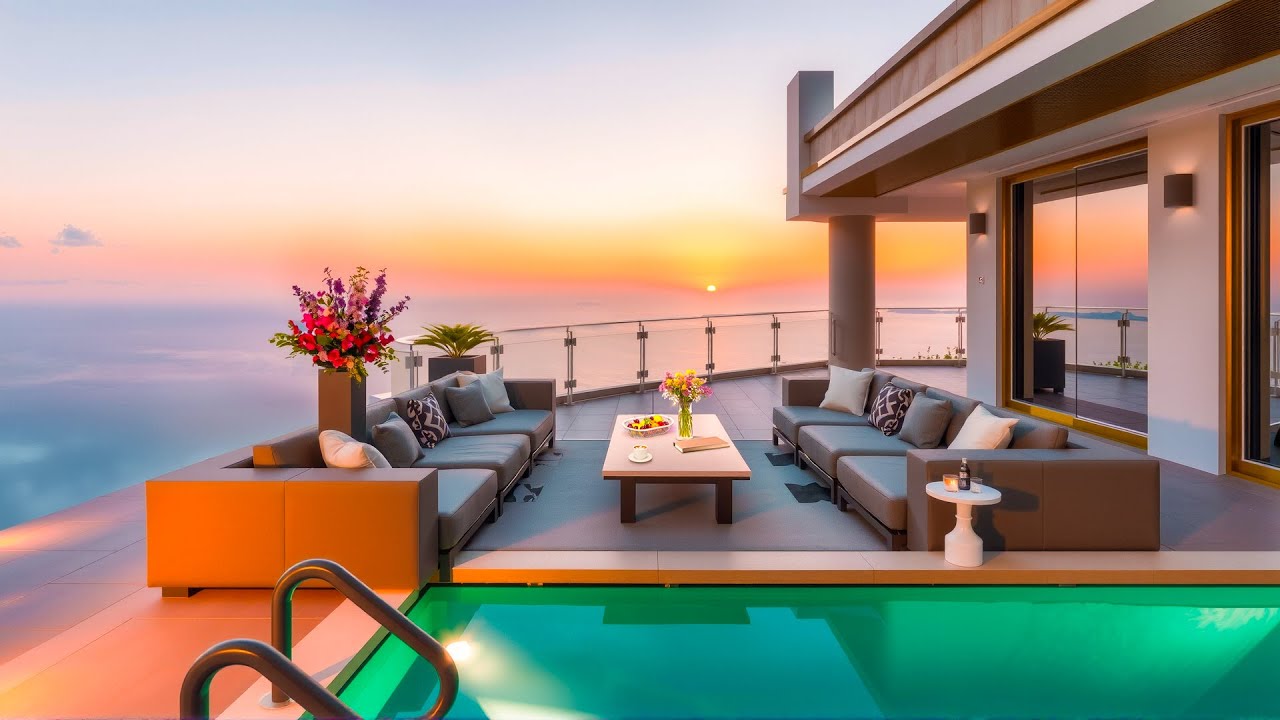 Elegant Sunset at Beachside Villa Luxury with Bossa Nova Jazz & Soft Ocean Waves for Pure Relaxation