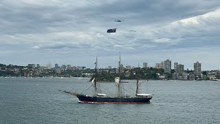 Helicopter with Australian flag & Tall ship - Australia Day 2024 on board the P&O Pacific Adventure