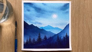 Watercolor Painting Tutorial | Moonlight Landscape Scenery | Easy Watercolor Painting for Beginners
