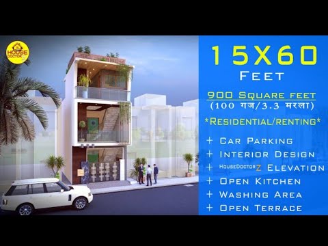 3D Home Design | 15x60 feet House Plan | 900 Square Feet | Interior Design And Car Parking | HDZ