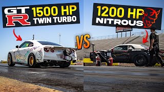 GTR Rematch! 1500 HP Twin Turbo GTR vs 1200 HP Nitrous Demon DRAG RACE