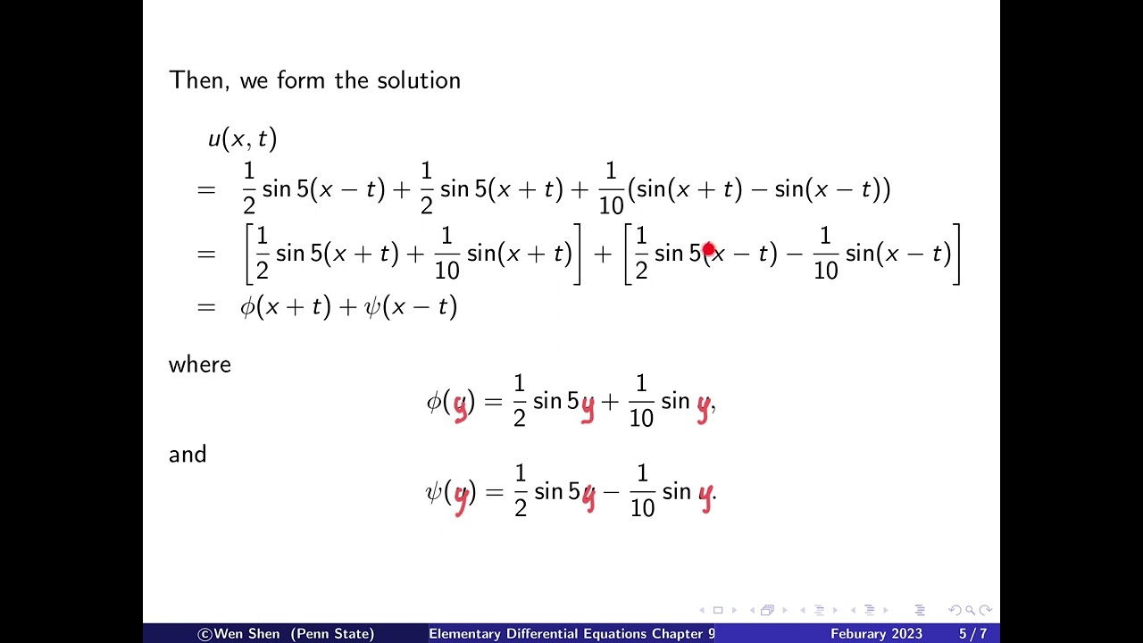 V9-11: D'Alembert's solution for wave equation, example, remarks, characteristics. Elem. Diff. Eqns.
