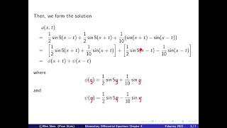 V9-11: D'Alembert's solution for wave equation, example, remarks, characteristics. Elem. Diff. Eqns.
