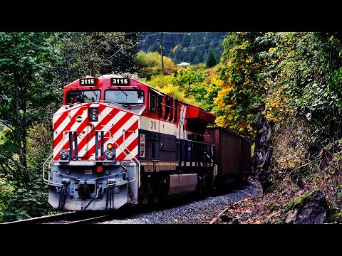 BCOL 3115 HERITAGE UNIT LEADS EMPTY HOPPER TRAIN THRU THE FRASER CANYON!