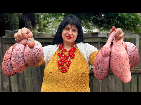 Ukrainian Girl Cooks Kebab from Bull Eggs on Fire! Meat Lovers Dish in Old Village