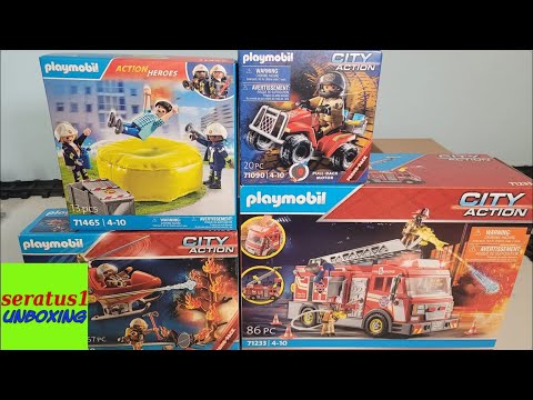 Playmobil unboxing fire engine ladder truck jumping cushion quad helicopter seratus1 unboxing
