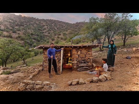 Building a charity stone cabin with fireplace for nomadic family | survival shelter #tayeba