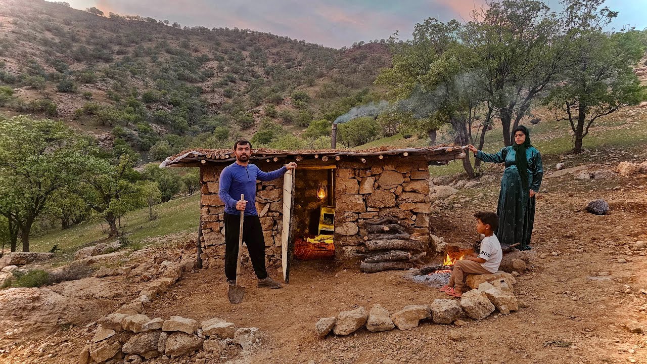 Building a charity stone cabin with fireplace for nomadic family | survival shelter #tayeba