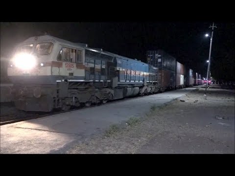 Rare Night Capture of Giant Double Stack Container Train - Amazing Start Up Sounds !!!