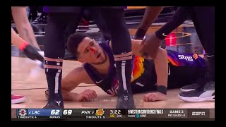 Devin Booker down FACE Split open bleeding head butt by Beverley LA Clippers vs Phoenix Suns Game 2