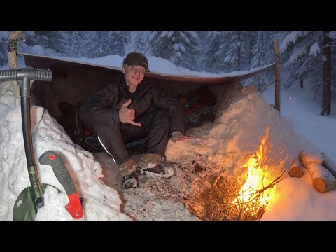 SOLO Winter Survival Camping in the Mountains - Big Trout Fishing, Bushcraft & Campfire Cooking