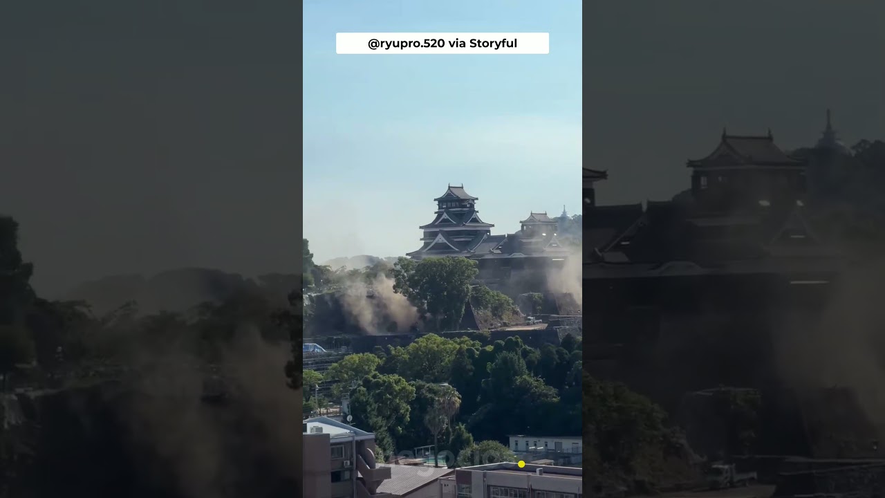 El terremoto que sacudió Japón deja a su paso grandes nubes de polvo sobre el castillo de Kumamoto