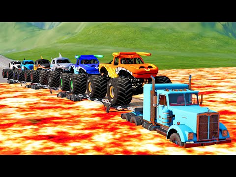 Flatbed Long Trailer Monster Trucks Transport Crossing Lava Truck Car Rescue - BeamNG.drive