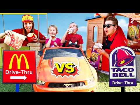 NEW - McDonalds DRIVE THRU vs Taco Bell PRANKS Neighbors Kids Power Wheels Cars DisneyCarToys