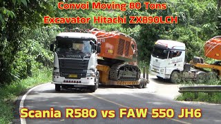 Download lagu Scania R580 & FAW 550 Muatan Ekskavator Hitachi ZX890LCH 80 Ton Lewati Jalan Sempit yang Ekstrem mp3
