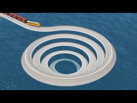 Impossible Spiral Funnel Rail Tracks Vs Trains Crossing Giant Pit - BeamNG.Drive