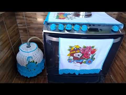 JOGO DE CROCHÊ -PARA DO FOGÃO FICO UM LUXO AZUL TURQUEZA COM BRANCO💙
