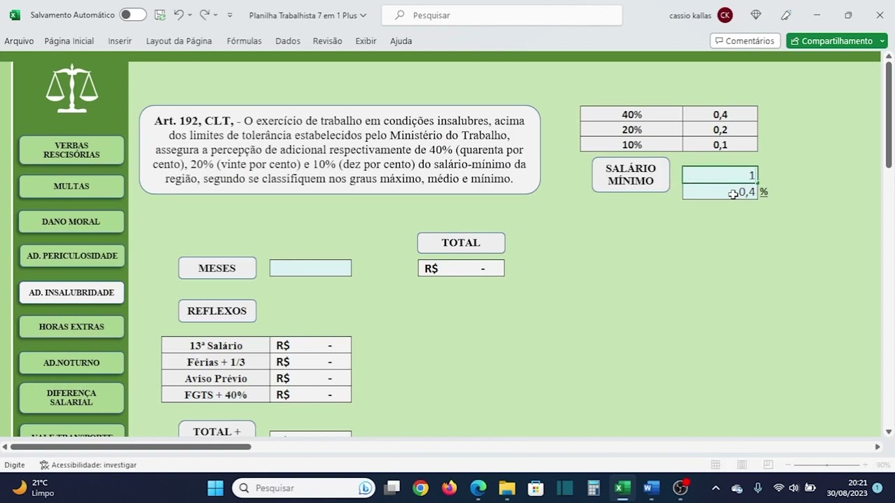 CASO #7 | Caso Isabella Part.2 | PLANILHA DE CÁLCULOS TRABALHISTAS 7 EM 1 PLUS