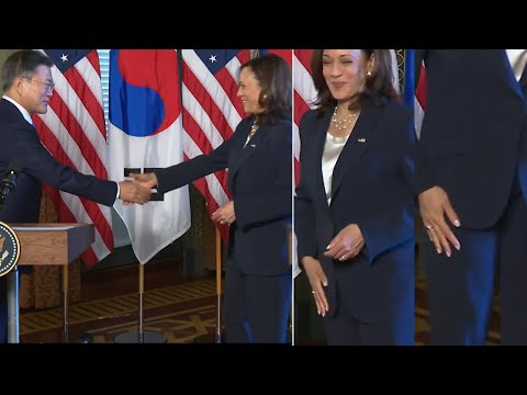VP Harris wipes hand after greeting south korea leader President H.E. Moon Jae-in 5/21/2021