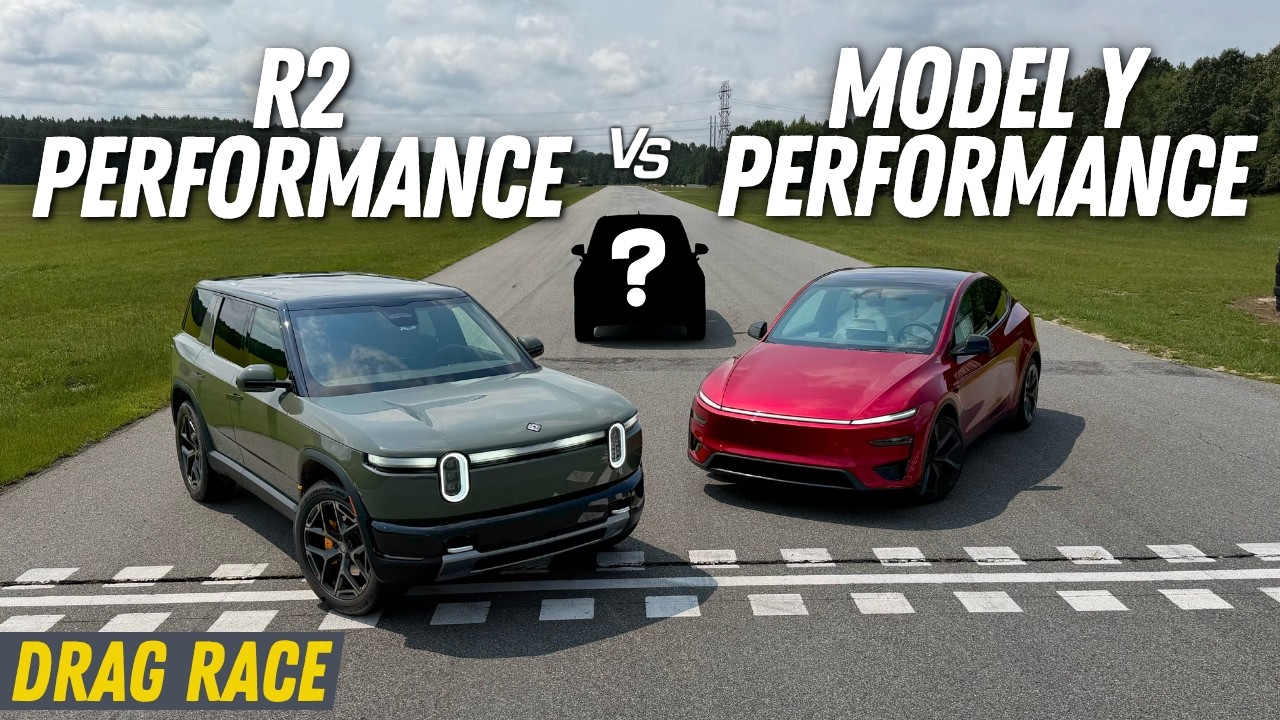 Tesla Model Y Performance and Rivian R2 Performance lined up for a drag race