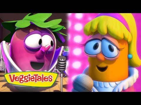 Two VeggieTales characters singing into microphones on a colorful stage, VeggieTales logo visible on the left.