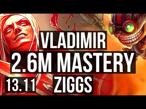 VLADIMIR vs ZIGGS (MID) | 2.6M mastery, 6 solo kills, 14/2/1, 400+ games | EUW Grandmaster | 13.11